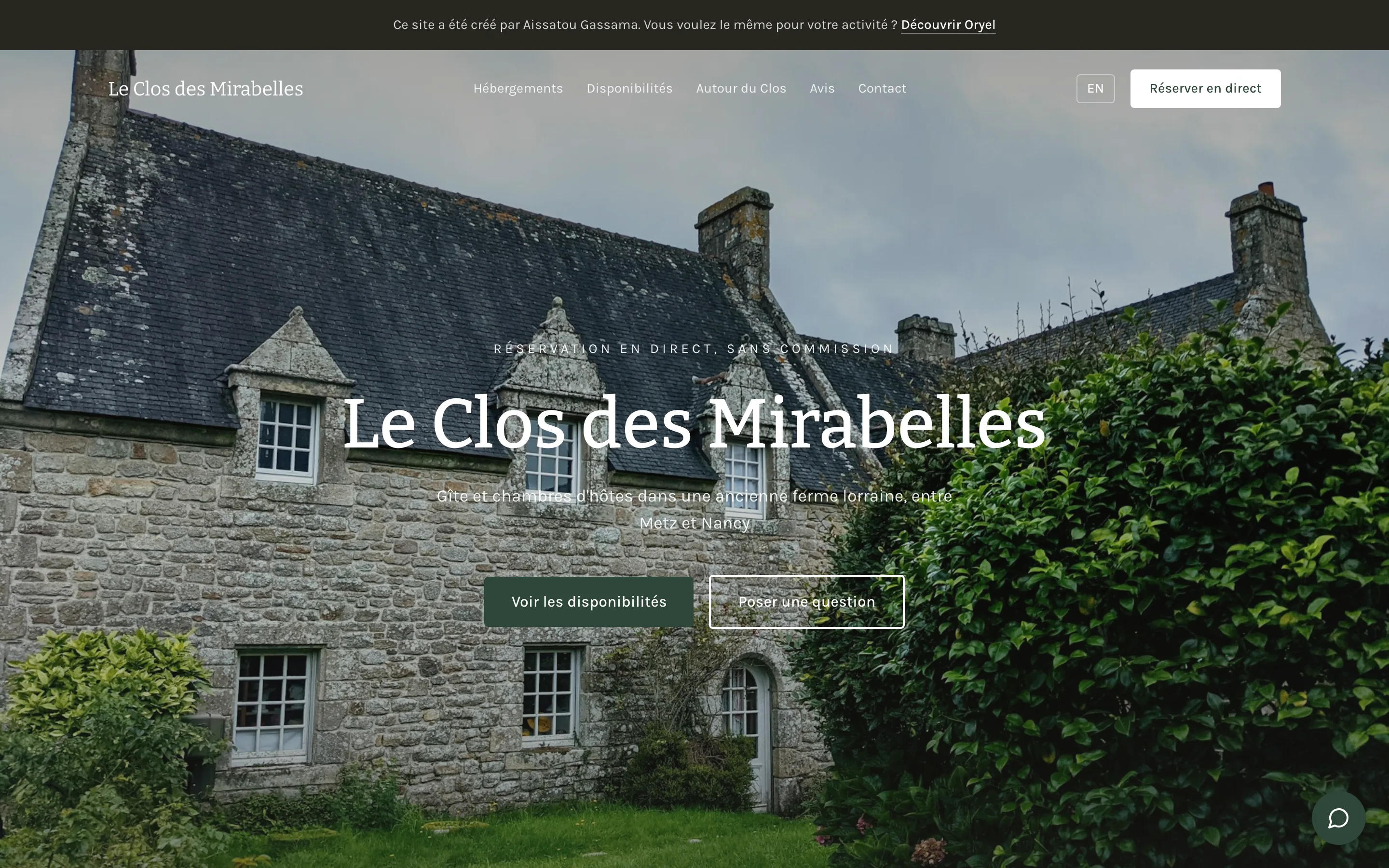 Page d'accueil du Clos des Mirabelles, gîte fictif