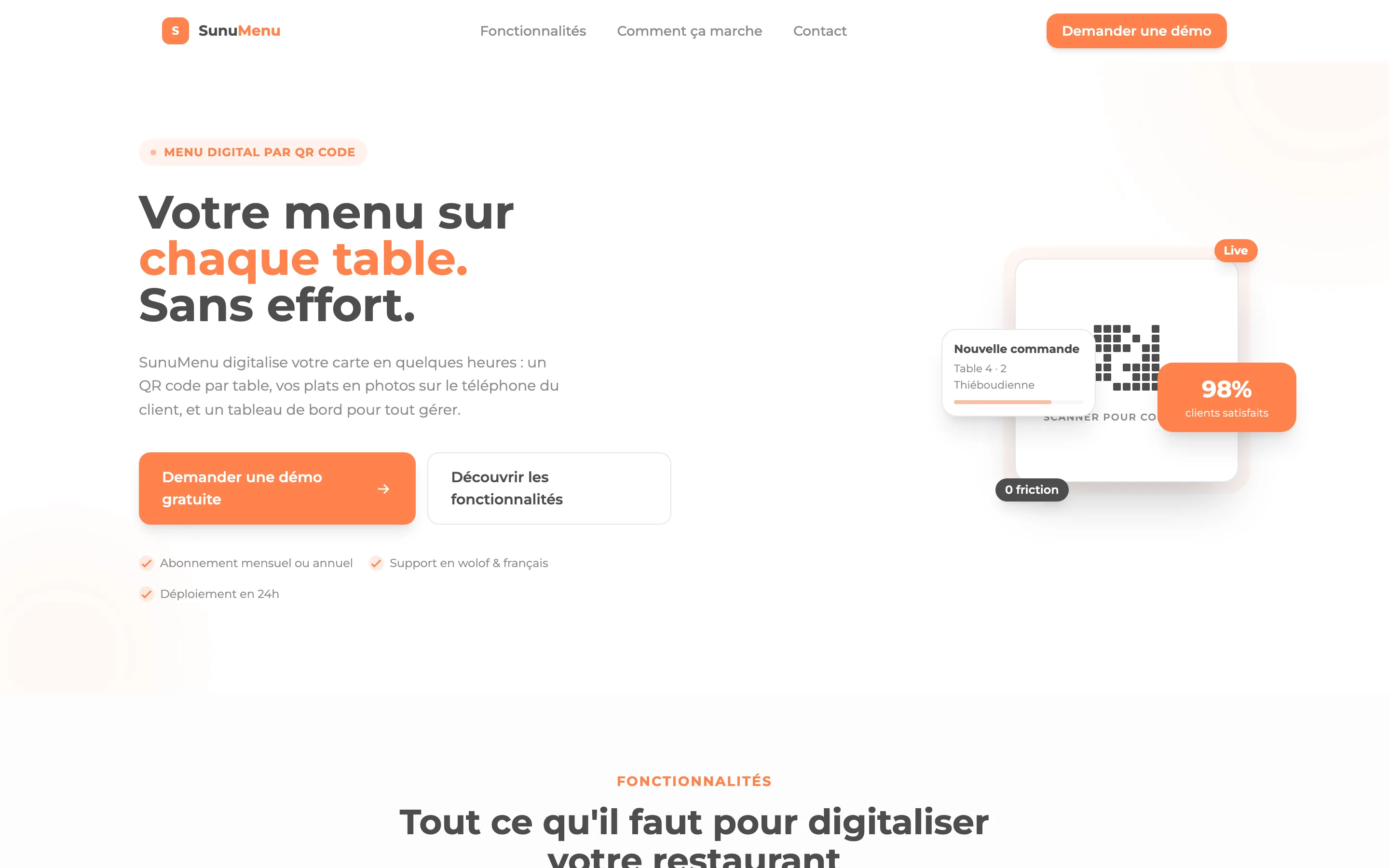 Interface de SunuMenu, menu digital par QR code pour restaurants
